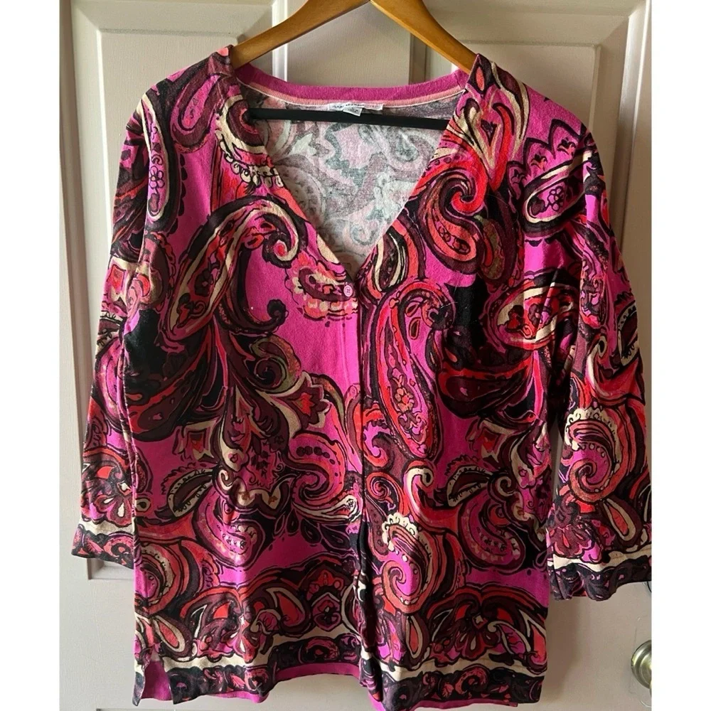 Berry Paisley 3/4 Sleeve Cardigan - Artsy Art to Wear Vibe V neck EUC L #702